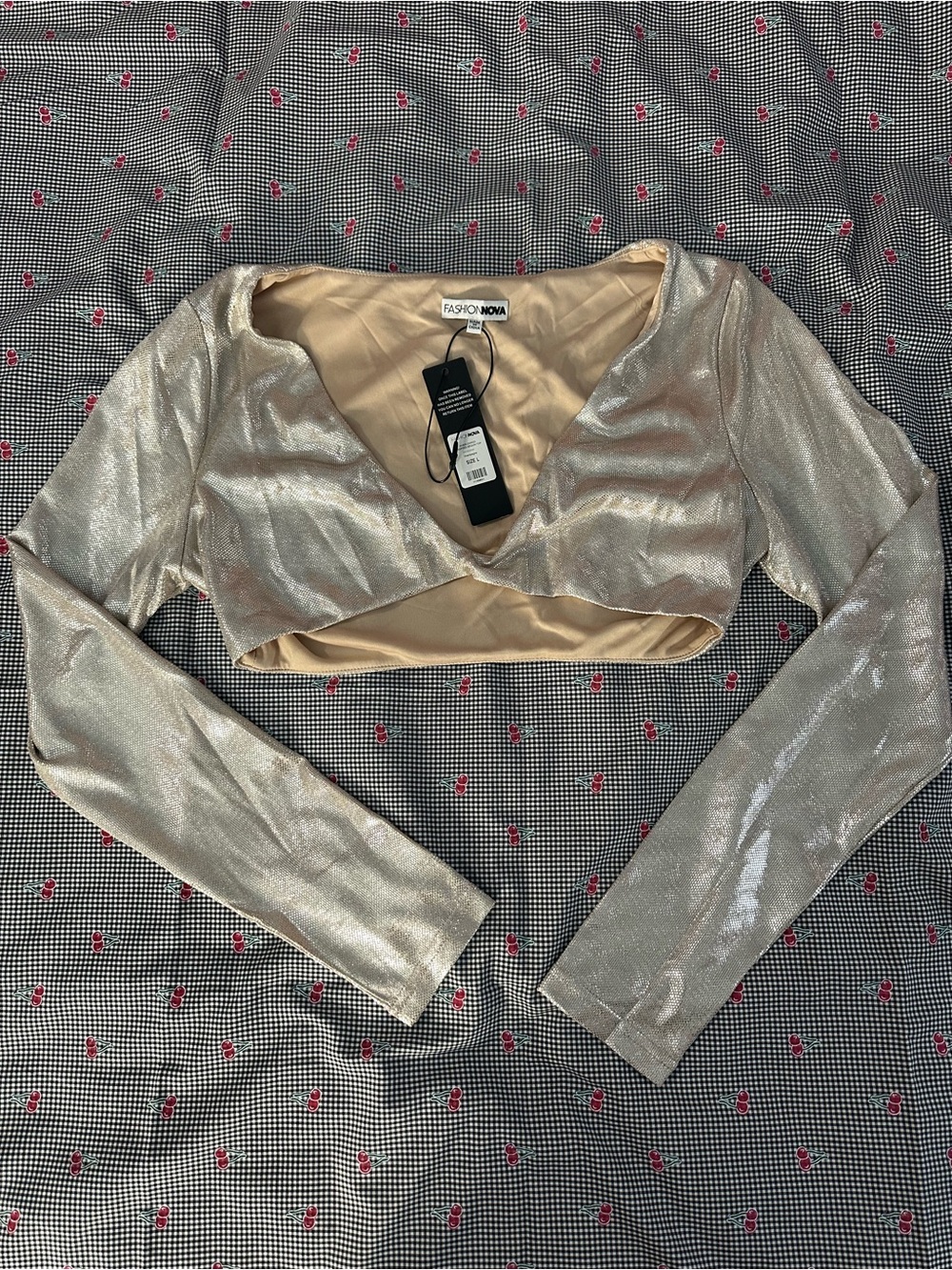 Fashion Nova Silver Metallic Long Sleeve Cropped Top